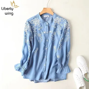 Summer Stand Collar Floral Embroidery Denim Shirt For Casual Long Sleeve Single Breasted Blouse Women Chemise Femme Blue
Summer Stand Collar Floral Embroidery Denim Shirt For Casual Long Sleeve Single Breasted Blouse Women Chemise Femme Blue