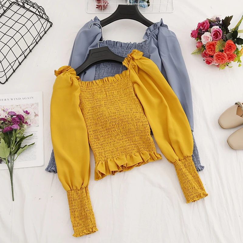 Elegant Women Autumn Square Collar Puff Sleeve Basic Ruffles Chiffon Shirt Vintage Short Elastic Slim Pullover Mini Blouse Tops
Elegant Women Autumn Square Collar Puff Sleeve Basic Ruffles Chiffon Shirt Vintage Short Elastic Slim Pullover Mini Blouse Tops