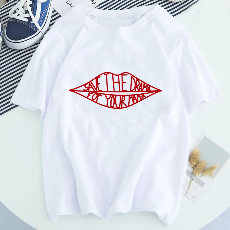 

SAVE THE DRAMA FOR YOUR MAMA Letter Mouth Summer Newest Women's T-shirt Graphic aesthetic Kawaii streetwear Harajuku Tee