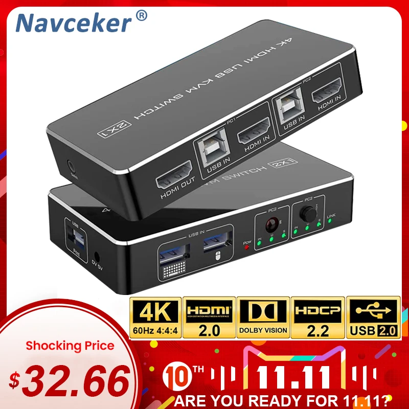 Navceker HDMI KVM Switch 2 Port 4K USB Switch KVM HDMI Switcher Splitter Box for Sharing Printer Keyboard Mouse KVM Switch HDMI
Navceker HDMI KVM Switch 2 Port 4K USB Switch KVM HDMI Switcher Splitter Box for Sharing Printer Keyboard Mouse KVM Switch HDMI