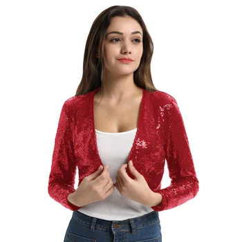 

Belle Poque Fashion Women's Cardigan Shining Sequined Solid Color Long Sleeve Cropped Length Open Front Coat Tops Bolero Shrug