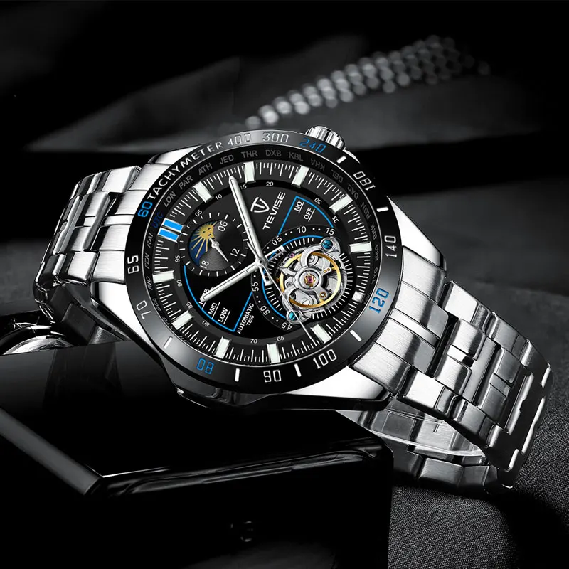 Роскошные Механические часы Tevise Tourbillion автоматические мужские с скелетом из