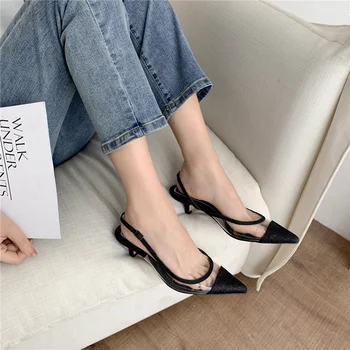 

2020 Summer New Luxury Women Bling Slingback Sandals Gold Black Silver Low High Heels Closed Toe Sandals Casual Lady Party Shoes