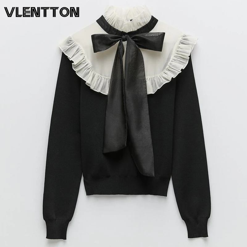 2020 Autumn Winter Women Pullovers Knitted Sweaters Fashion Black And White Patchwork Ruffles Bow Casual Jumper Tops Female
2020 Autumn Winter Women Pullovers Knitted Sweaters Fashion Black And White Patchwork Ruffles Bow Casual Jumper Tops Female