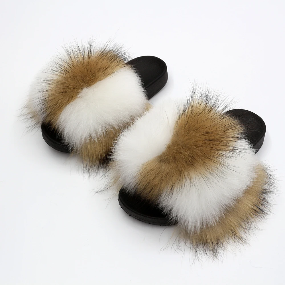 

MISSJANEFUR 2022 Summer Fur Slippers Women Fashion Real Fox Fur Slides Fluffy Furry Raccoon Fur Sandals Wholesale Outdoor Shoes