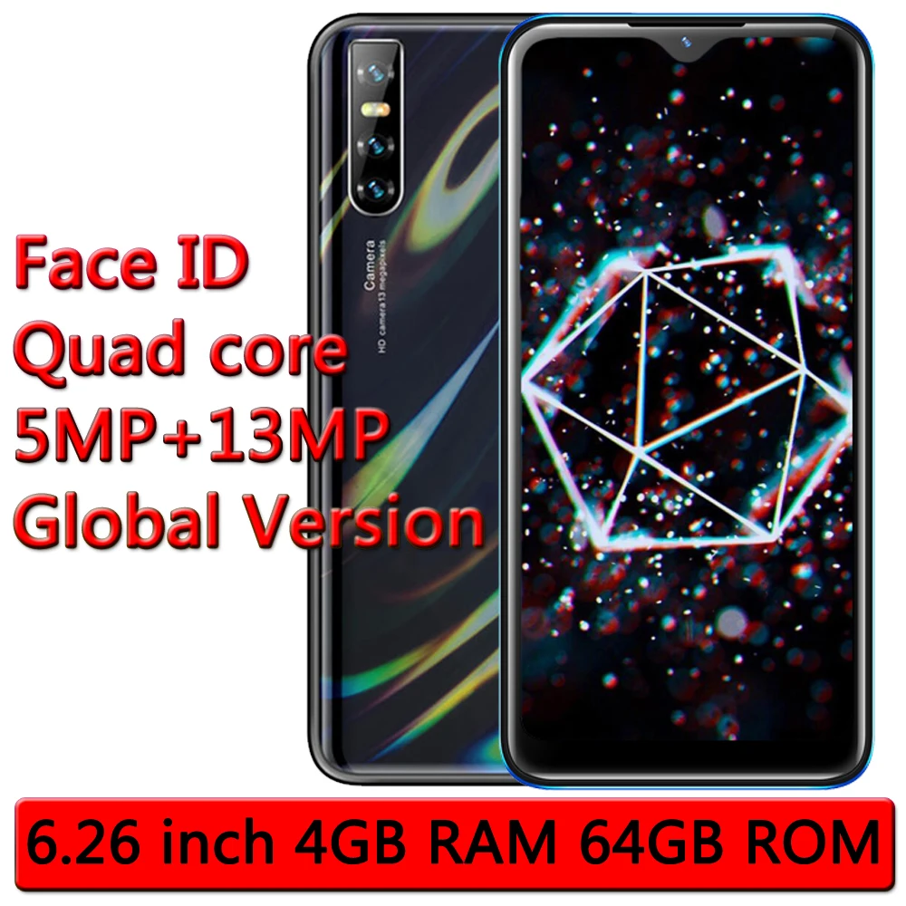 6.26" C19 Quad Core Original 4G RAM 64G ROM Mobile Phone 2sim Android 13MP Unlocked Face ID Smartphone Celular MTK fast shipping |