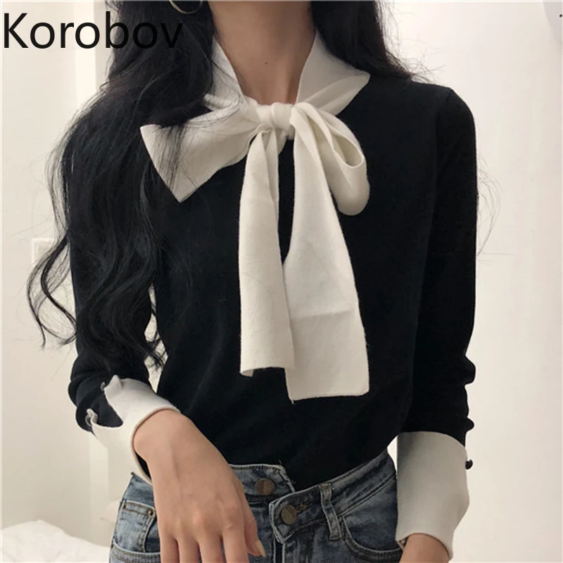 Korobov Korean Lacing Bow Sweet Women Pullovers Hit Color Basic Long Sleeve Female Sweaters Elegant Patchwork Sueter Mujer 79063
Korobov Korean Lacing Bow Sweet Women Pullovers Hit Color Basic Long Sleeve Female Sweaters Elegant Patchwork Sueter Mujer 79063