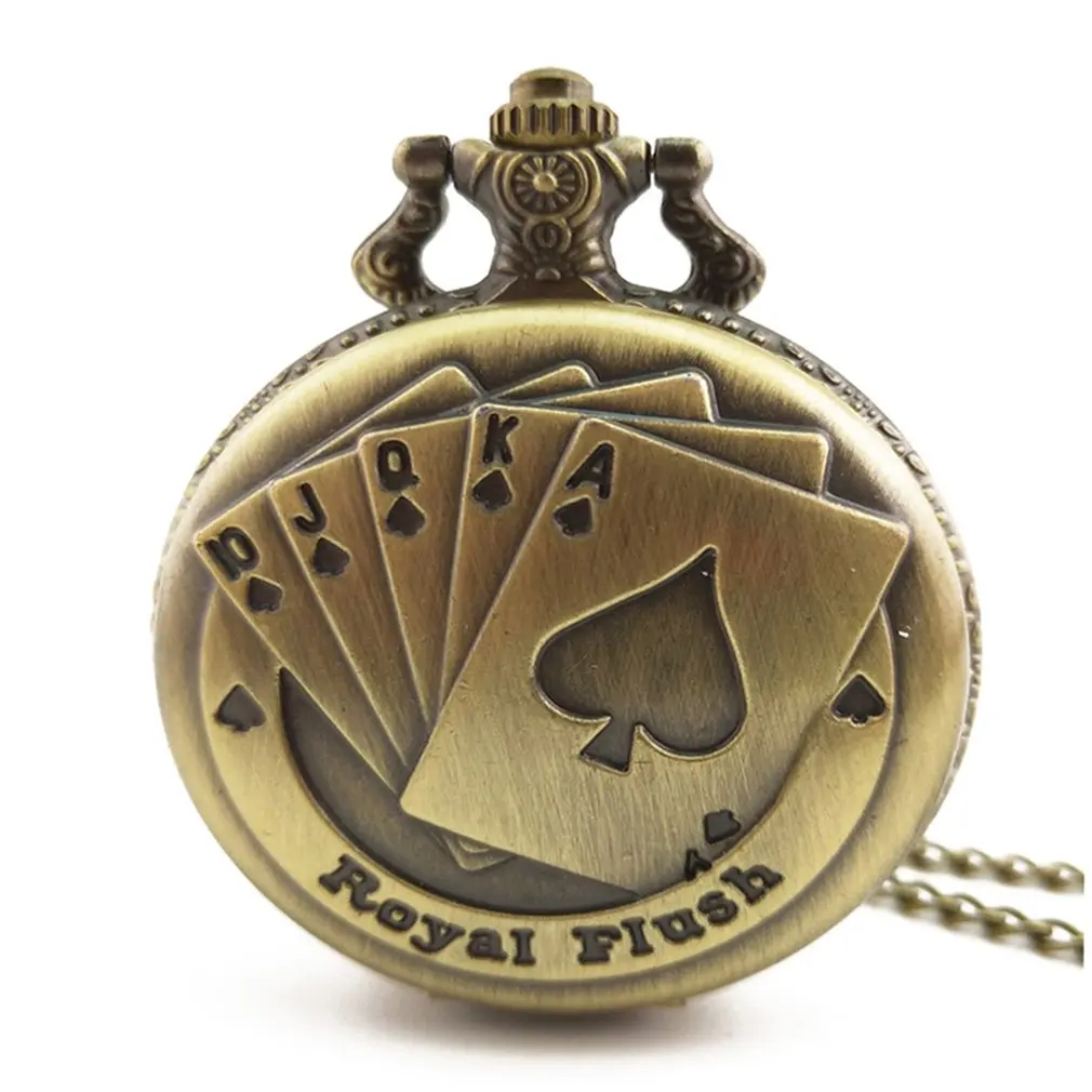 New Trendy Poker Design Vintage Retro Bronze Antique Round Dial Quartz Pocket Watch Chain Necklace Pendant Clock For Men Women 
New Trendy Poker Design Vintage Retro Bronze Antique Round Dial Quartz Pocket Watch Chain Necklace Pendant Clock For Men Women