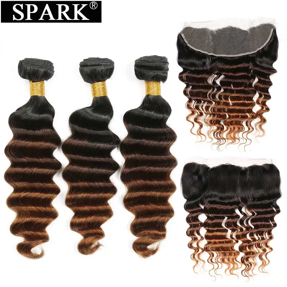 

Spark Brazilian Loose Deep Wave Remy Hair Ear To Ear Lace Frontal Closure With 3/4 Bundles Human Hair Weave with 1B/4/30 Bundles