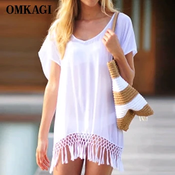 OMKAGI See Through Swimwear Women Solid Tassel Summer White Sarong Beach Wrap Bikini Cover Ups Short Sleeve Women Beach Dress 
OMKAGI See Through Swimwear Women Solid Tassel Summer White Sarong Beach Wrap Bikini Cover Ups Short Sleeve Women Beach Dress