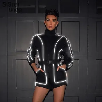 Sisterlinda Reflective Stripe Jumpsuit Full Sleeve Zipper Buckle Belt Shorts Playsuit Women Casual Fashion Jumpsuit 2019 Autumn 
Sisterlinda Reflective Stripe Jumpsuit Full Sleeve Zipper Buckle Belt Shorts Playsuit Women Casual Fashion Jumpsuit 2019 Autumn