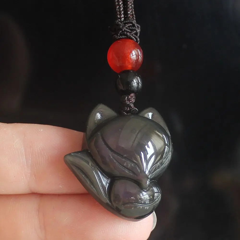 Natural rainbow Obsidian Crystal big head fox necklace pendant bead with rope chain
Natural rainbow Obsidian Crystal big head fox necklace pendant bead with rope chain