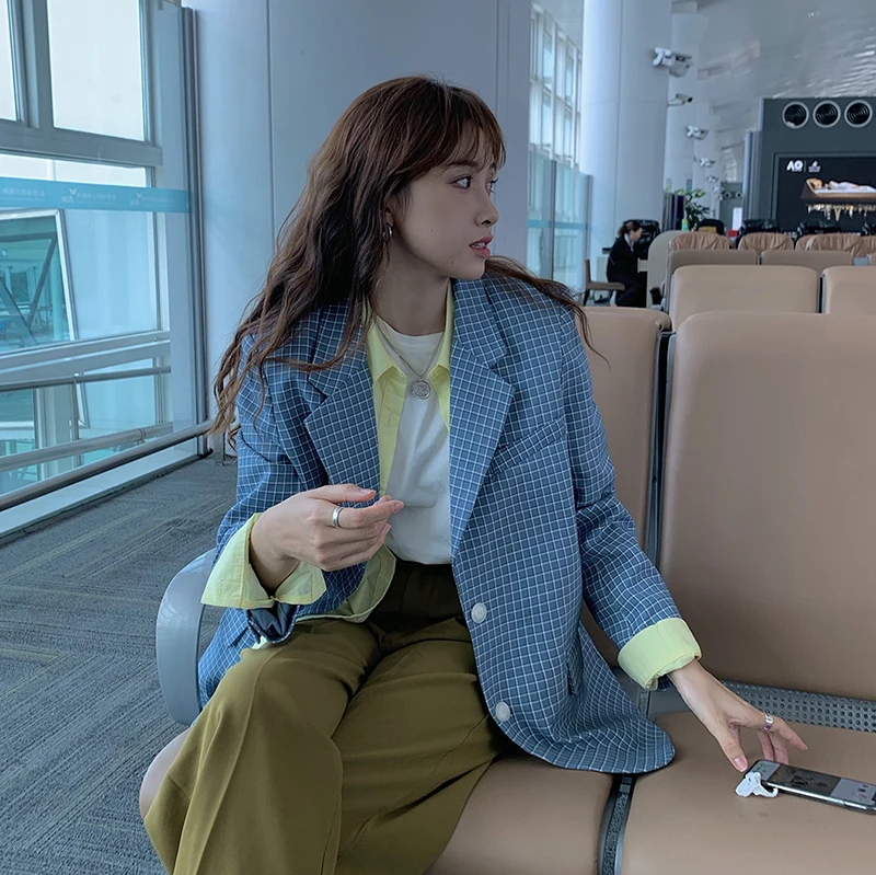 black plaid blazer jacket women 2020 spring long sleeve green Folded cuffs pocket Single-breasted fashion coat
black plaid blazer jacket women 2020 spring long sleeve green Folded cuffs pocket Single-breasted fashion coat