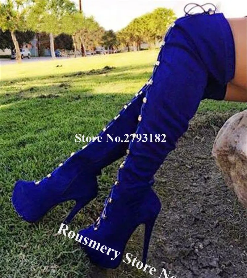 

Top Sexy Style Round Toe Suede Leather High Platform Over Knee Stiletto Heel Boots Blue Red Lace-up Slim Long High Heel Boots