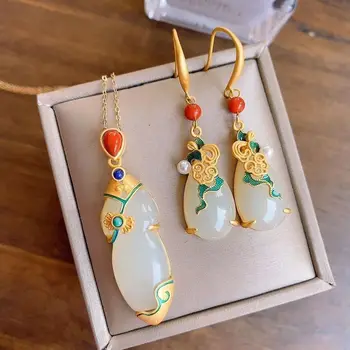 New silver national style inlaid with natural Hotan jade Turquoise Water Drop Earrings Necklace Antique luxury women's jewelry
New silver national style inlaid with natural Hotan jade Turquoise Water Drop Earrings Necklace Antique luxury women's jewelry