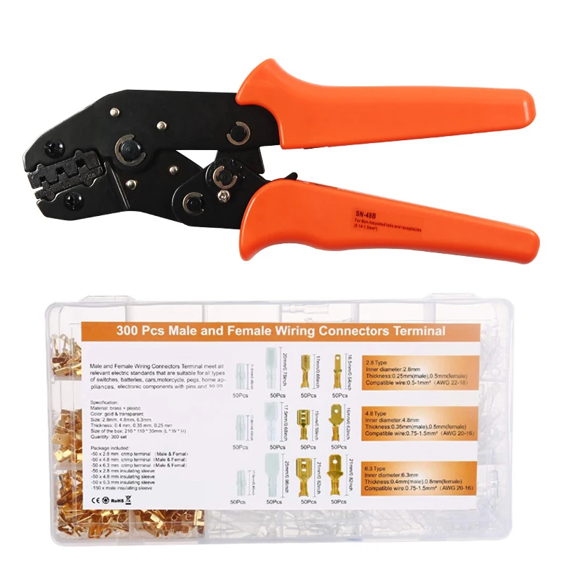 SN-48B crimping plier with 600pcs connector set 2.8/4.8/6.3 plug terminal crimper tool wire 0.5-1.5mm² AWG 20-15 hand tool kit
SN-48B crimping plier with 600pcs connector set 2.8/4.8/6.3 plug terminal crimper tool wire 0.5-1.5mm² AWG 20-15 hand tool kit