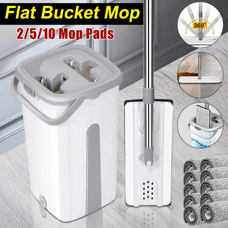 Flat Squeeze Mop Bucket Set Hand Free Wringing Floor Cleaning Wet Dry Dual Usage Magic Automatic Spin Self Lazy | Дом и сад