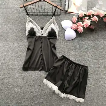 

2020 Womens Lace Lingeries Sexy Sleeveless Strap Sleepwear Satin Pajamas V Neck Home Cami Top Pajama Intimate Lingeries Sets