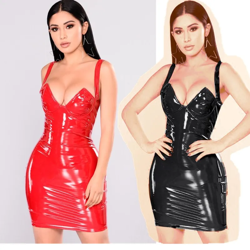 

Plus Size Women Dresses 6XL Sexy Bra Style PVC Wet Look Mini Dress Sleeveless Leather Kim Kardashian Bodycon Clubwear Dress