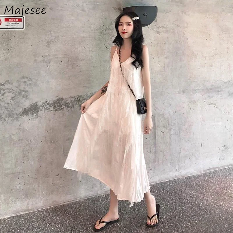 

Sleeveless Solid A-line Dress Women Sexy V-neck Spaghetti Strap Casual Summer Korean Soft High Street Fashion Simple Chic Girls