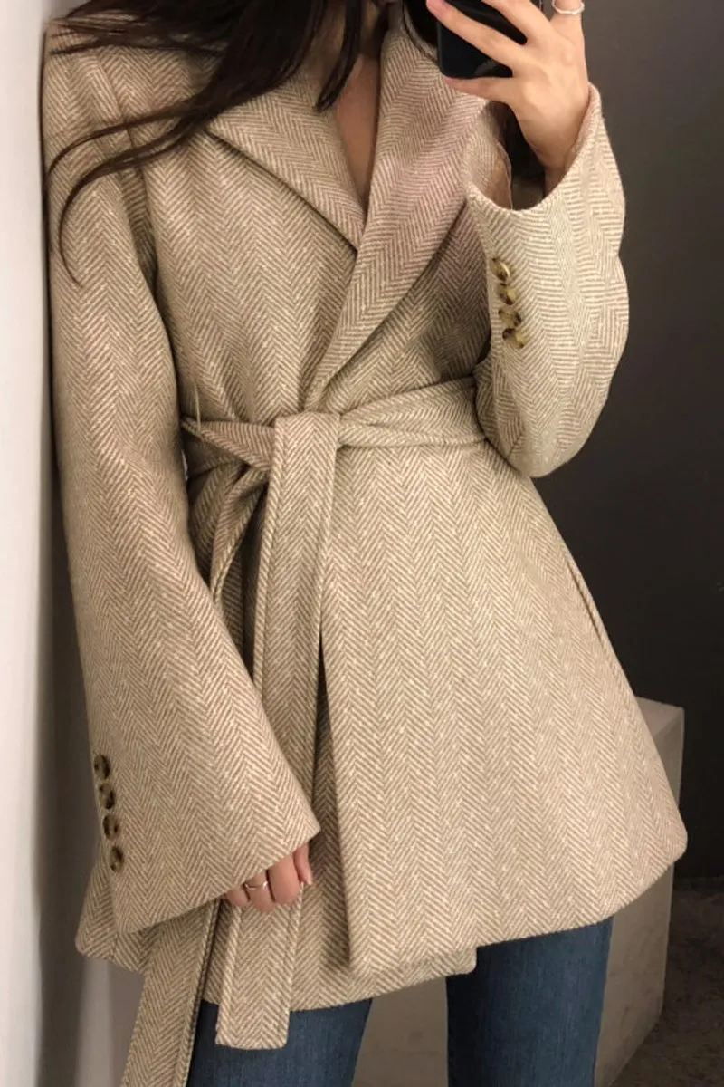 Женский теплый шерстяной пиджак свободный хлопковый блейзер с поясом