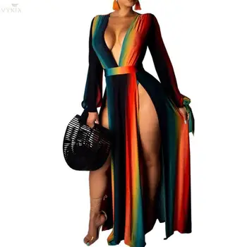 Women Dress Long Sleeve Rainbow Stripes Deep V-neck Sexy Dresses High Side Split Maxi Dress Clubwear Party Dresses Long Sundress
Women Dress Long Sleeve Rainbow Stripes Deep V-neck Sexy Dresses High Side Split Maxi Dress Clubwear Party Dresses Long Sundress