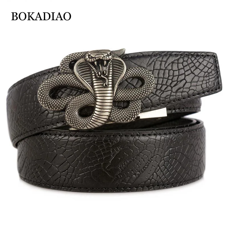 

BOKADIAO Man's genuine leather belt Snake Metal Automatic Buckle Cowskin Waistband Luxury Leather Belts for men jeans male strap