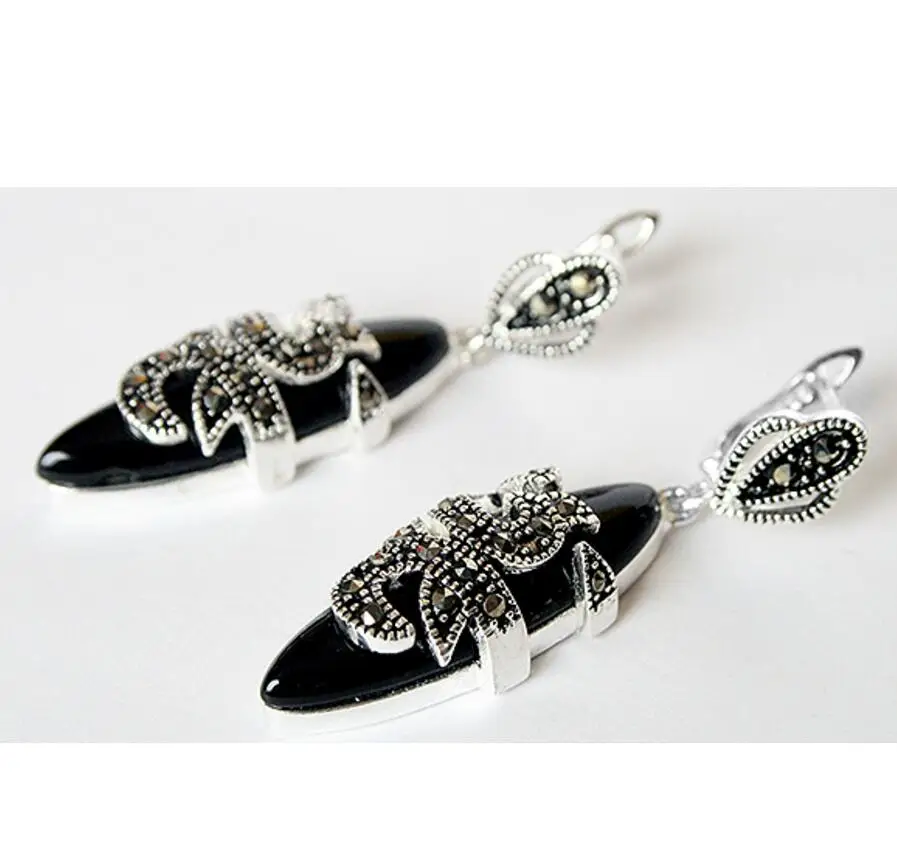 

Hot Sell 11/2" New 925 Sterling Silver & Marcasite inlay Natural BlackNatural jade fashion Earrings