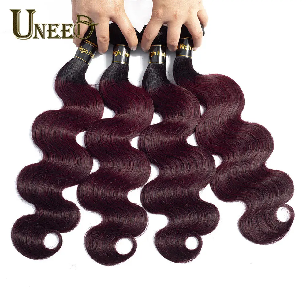 

Ombre Brazilian Human Hair Weave Bundles 1/3/4 Pcs Remy Brazilian Body Wave Bundles 1B/99J Burgundy Dark Wine Red Two Tone