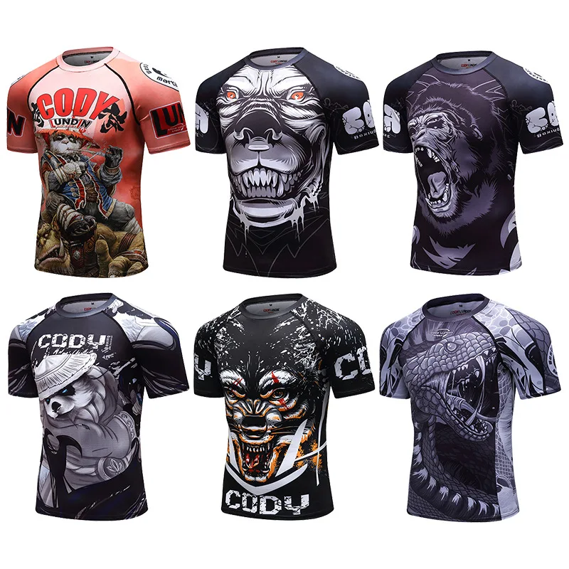 

MMA BBJ Rashguard T Shirts Men Short Sleeve Compression Shirt Muay Thai Monkey GI Kickboxing Shirts Sport Breathable Boxe Tops