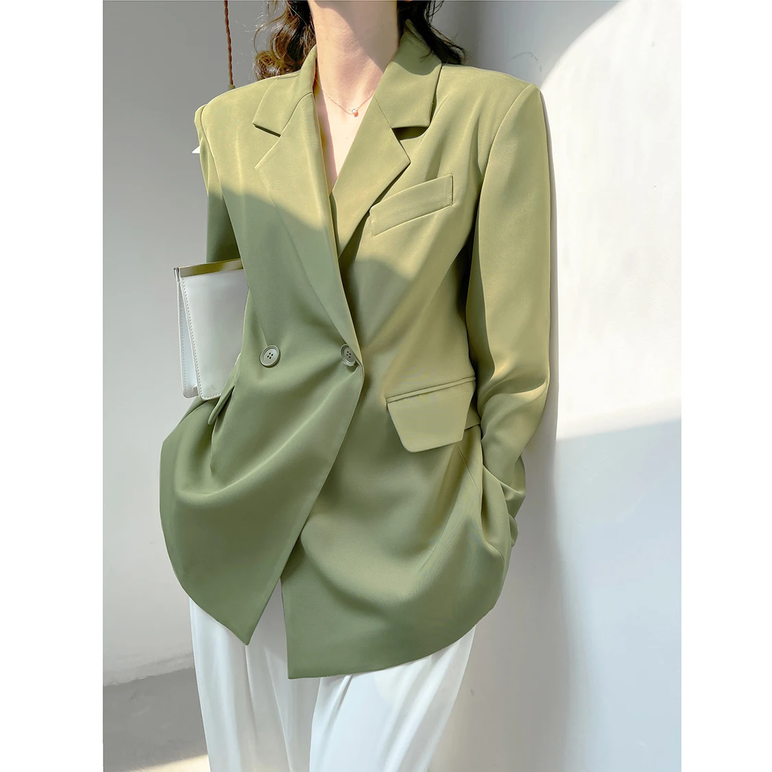Женский костюм Топ Блейзер Модный Зеленый Новый Свободный Повседневный Весна
