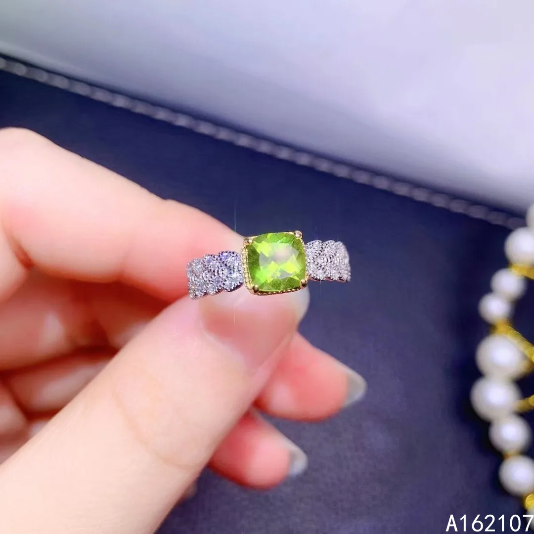 

Fine Jewelry 925 Sterling Silver Inset With Natural Gemstone Women's Popular Lovely Square Peridot Adjustable Ring Support Detec