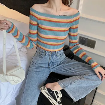 Fashion Women Autumn Winter Stripes Print Slim Long Sleeved One Word Collar Slim Bottom Knit Sweater
Fashion Women Autumn Winter Stripes Print Slim Long Sleeved One Word Collar Slim Bottom Knit Sweater