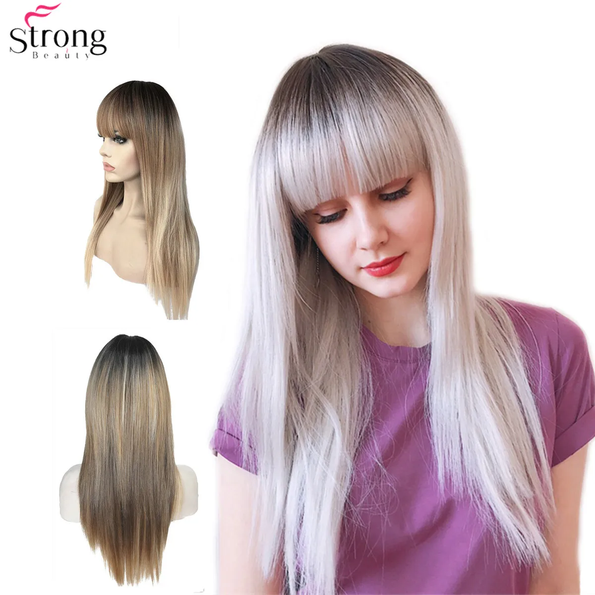 

StrongBeauty Women's Synthetic Wigs Hair Matte Ombre Long Straight Neat Bang Style Natura Wig Blonde