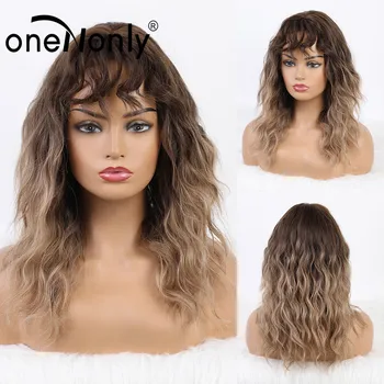 

oneNonly Synthetic Wigs Ombre Brown Dark Root with Curly Bang Kinky Curly Wig for White Black Women Glueless Natural Hair Wigs