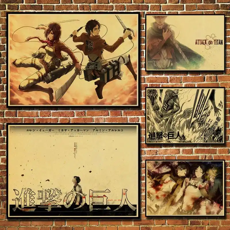 日本アニメ積極的なジャイアントレトロ ポスタークラフト紙壁紙ベッドルーム リビングルームバー飾るために使用する 攻撃にtitanポスター Poster Attack On Titanアニメポスター Gooum