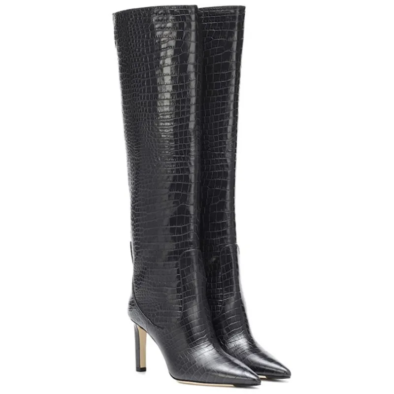 

Women Embossed Leather Stiletto Boots Pointed Toe Women Knee High Boots Crocodile Pattern Female Fashion 2019 New Bota Plus Size