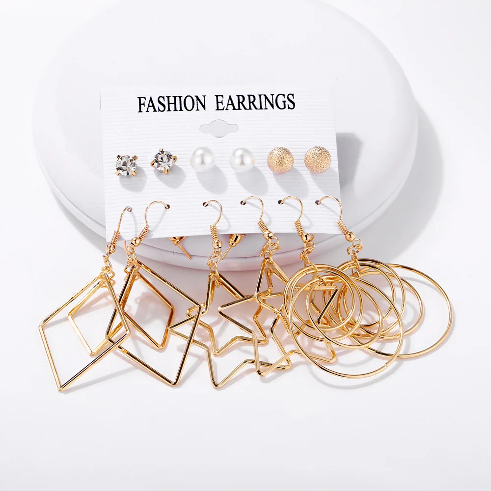 6 Piece Lots Exaggeration New Pearl Hollow Five-pointed Star Large Round Circle Multi-element Ear Drop Set Earrings Women
6 Piece Lots Exaggeration New Pearl Hollow Five-pointed Star Large Round Circle Multi-element Ear Drop Set Earrings Women