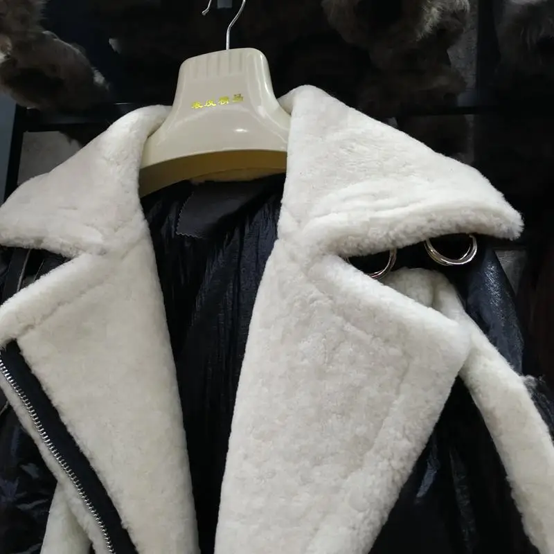 Winter Women Coat Genuine Sheepskin Leather Sheep Fur Duck Down Coat Female Jackets Silver Color Loose Size Turn Down Collar (5)