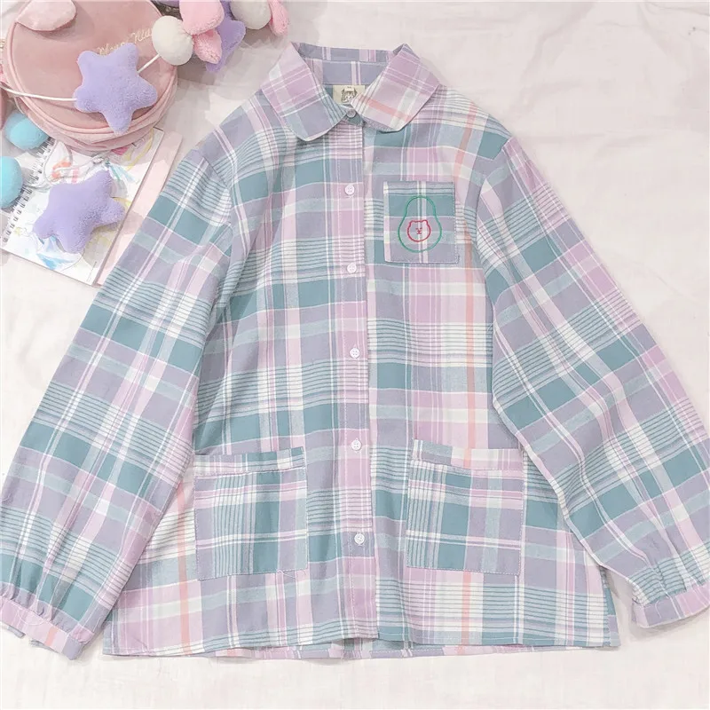 Japanese Forest Teenage girl Soft sister Kawaii Plaid Blouse Long sleeve Shirt Avocado Embroidery Small Fresh wild Blouse Tops
Japanese Forest Teenage girl Soft sister Kawaii Plaid Blouse Long sleeve Shirt Avocado Embroidery Small Fresh wild Blouse Tops