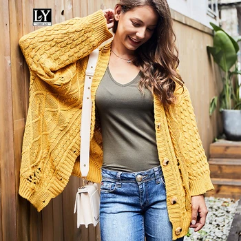 

Ly Varey Lin Autumn Women Knitted Sweater Cardigan Coat V Neck Single Breasted Twist Sweater Loose Open Stitch Female Overcoat