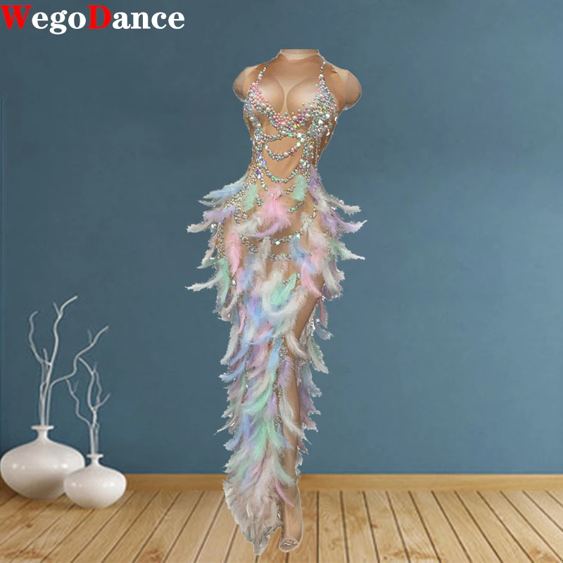 

Sexy Feather Rhinestone Nightclub Party Celebration Women Elastic Sleeveless High Slit Prom Dress Stage Performance Outfit