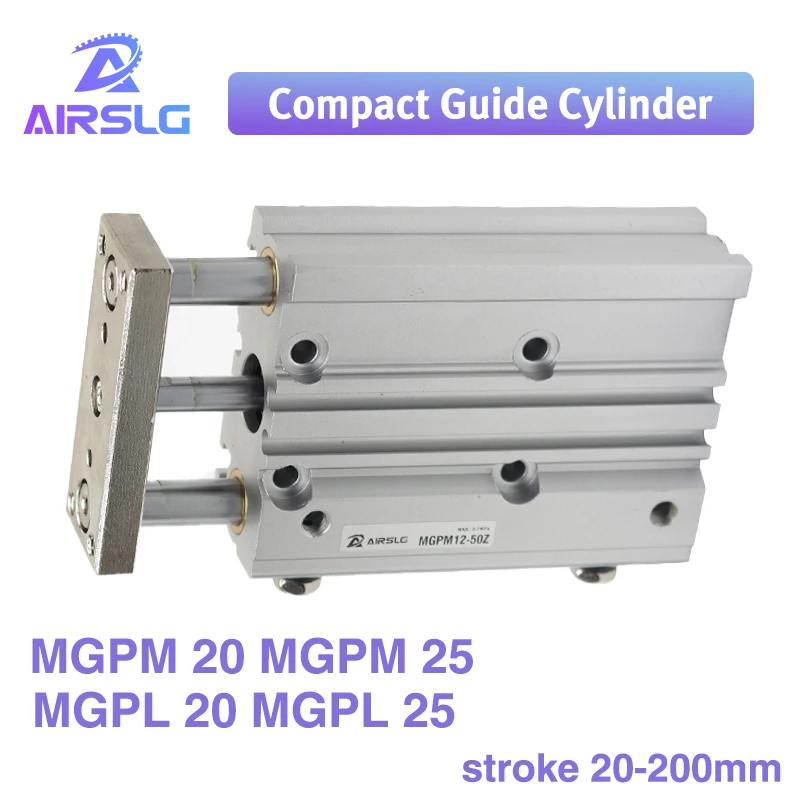 

MGP MGPM MGPL MGPM20 MGPM25 MGPL20 MGPL25 stroke 20-200mm Three-axisthin Rod Cylinder Compact guide with Stable pneumatic