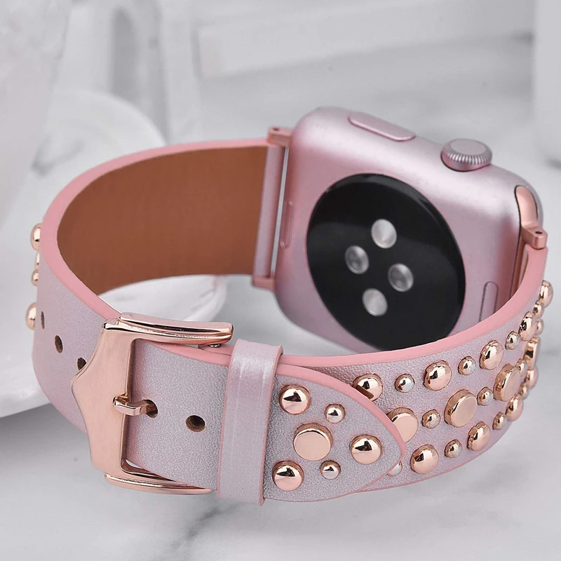 Ремешок с заклепками для apple watch Series 6/5/4/3 SE спортивный браслет петля кожаный 38 мм 40