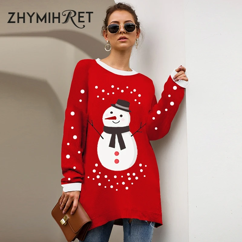 ZHYMIHRET 2019 Autumn Winter Snowman Print Christmas Pullovers Women Long Sleeve Deer Pattern Knitted Sweater Female jumper | Женская