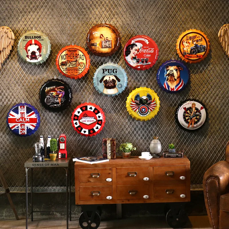 

Retro Wall decorations 35cm Beer Bottle Caps Metal Tin Signs Capsules Plates Wall Art Plaque Vintage Cafe Bar Pub Home Decor