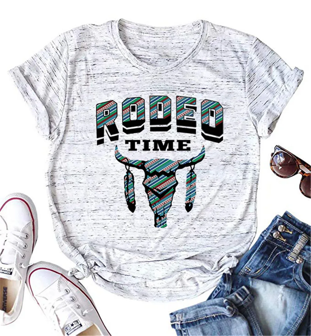 RODEO TIME Bull Head Print Harajuku T shirt Women Short Sleeve Vintage Tshirts Cute Graphic Summer Tops Female Vogue T-Shirt