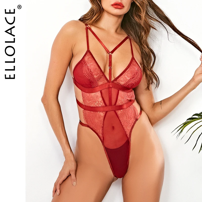 

Ellolace 2020 New Sexy Bodysuit Lace Deep-V High Cut Body Women Hollow Out Sleeveless Rompers Burgundy See Through Sexy Overalls