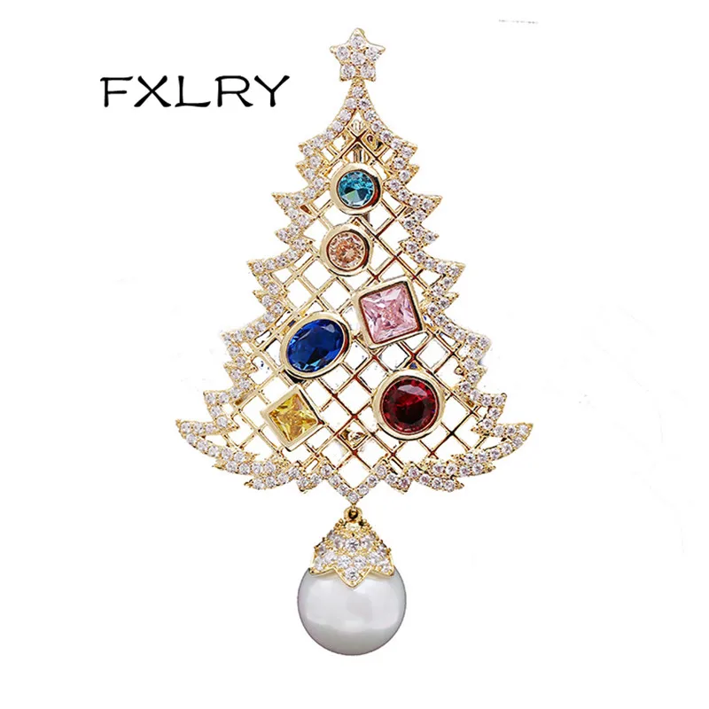 

FXLRY High Quality Cubic Zirconia & Pearl Pine Brooch Holiday Gift Christmas Brooches For Women Cardigan Coat Accessories