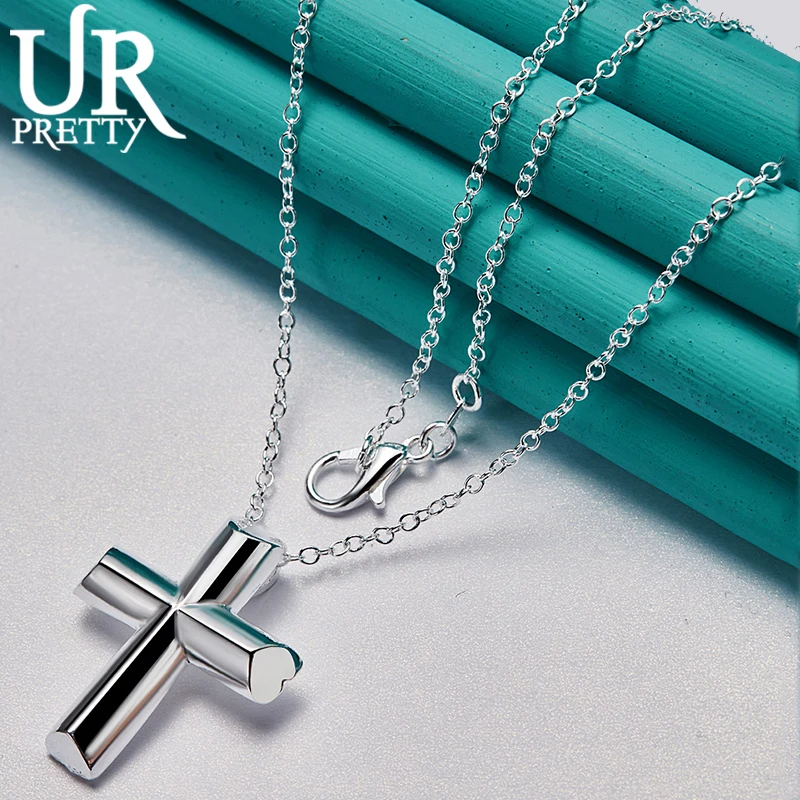 

URPRETTY 925 Sterling Silver Solid Cross Necklace 16/18/20/22/24/26/28/30 Inch Snake Chain For Man Woman Wedding Party Jewelry